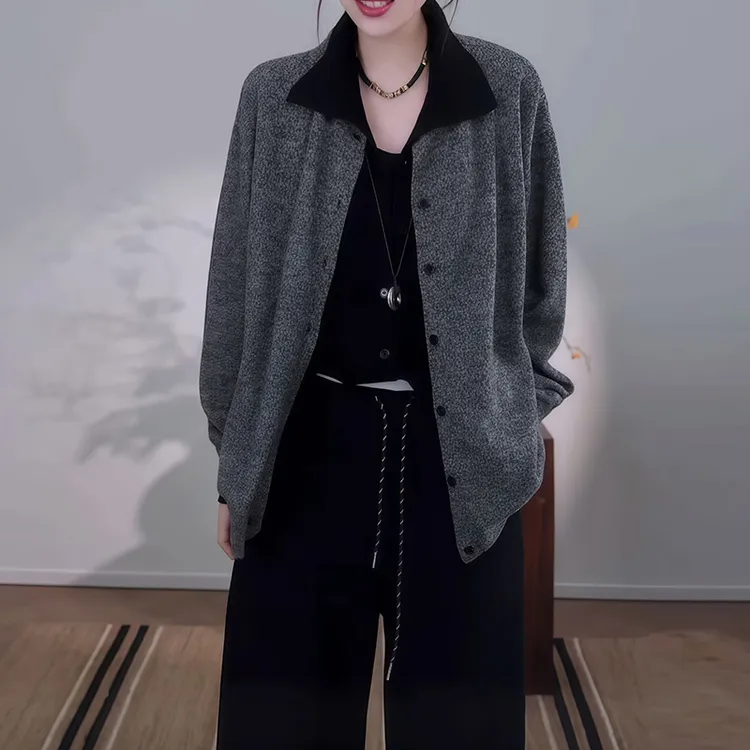 超好看冬春新款老钱风灰色翻领假两件针织衫女装韩系百搭显瘦毛衣