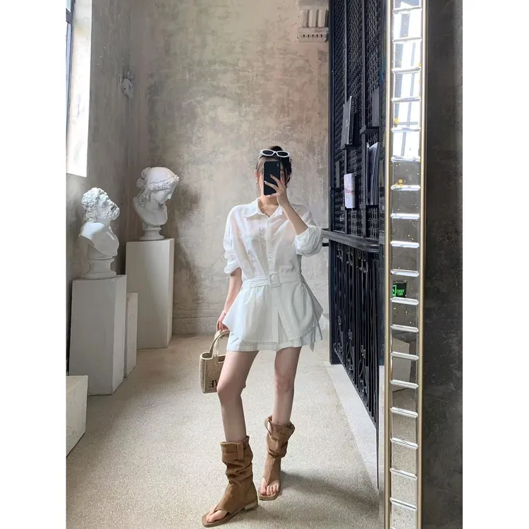 2025新款夏季韩系甜美收腰短袖衬衫高腰短裤气质轻熟两件套装女