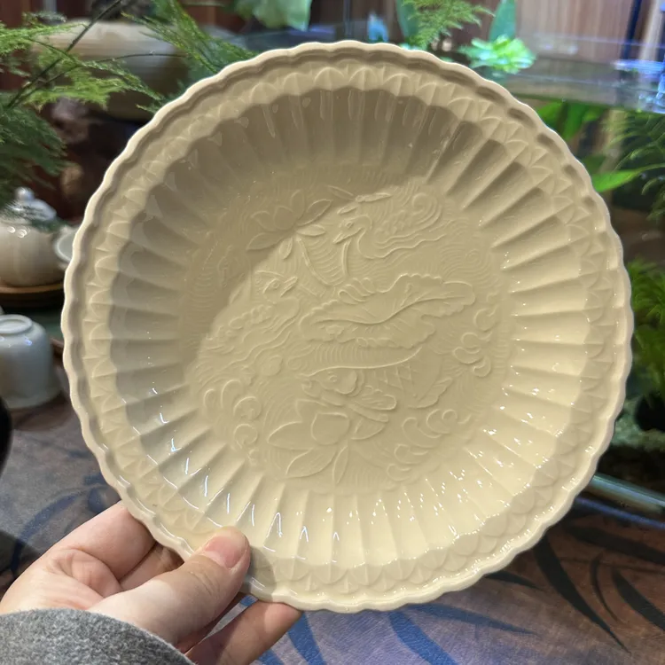 微澜定瓷～仿古花口壶承 全手原矿胎釉 内膜印 口径20.5cm