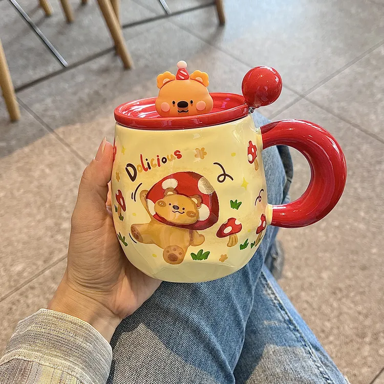 可爱小熊马克杯带盖勺高颜值陶瓷水杯女生家用杯子咖啡早餐杯儿童
