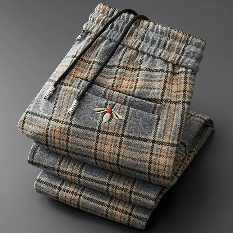 NDSL轻奢冬季厚款格子毛呢裤男休闲修身小脚保暖直筒休闲运动长裤