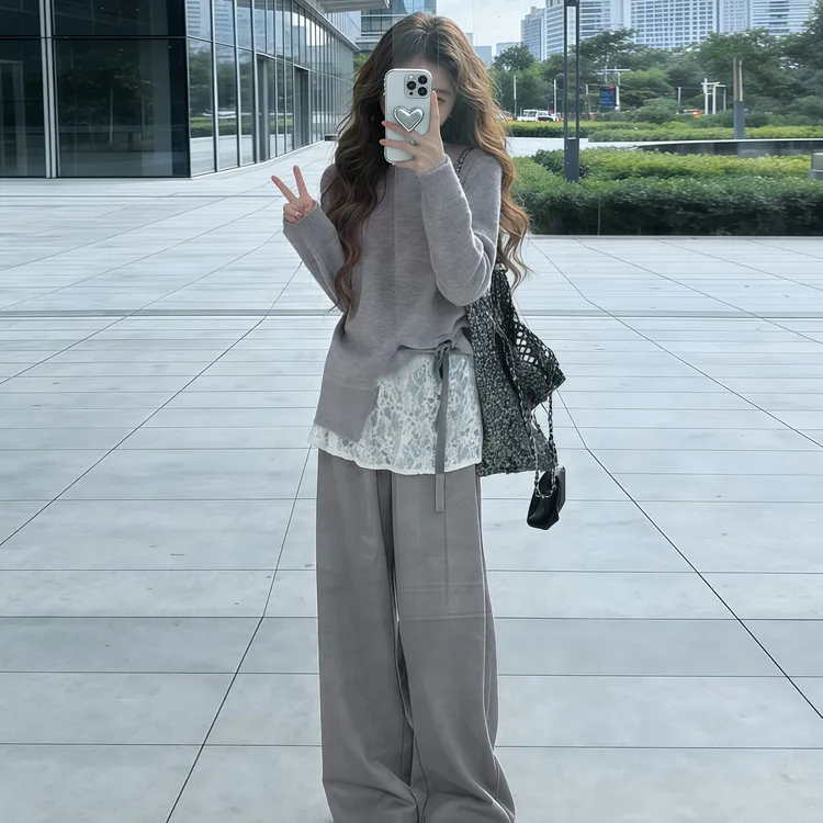 韩系灰色毛衣裤子两件套装女秋冬季2026新款巨好看超火冬装一整套