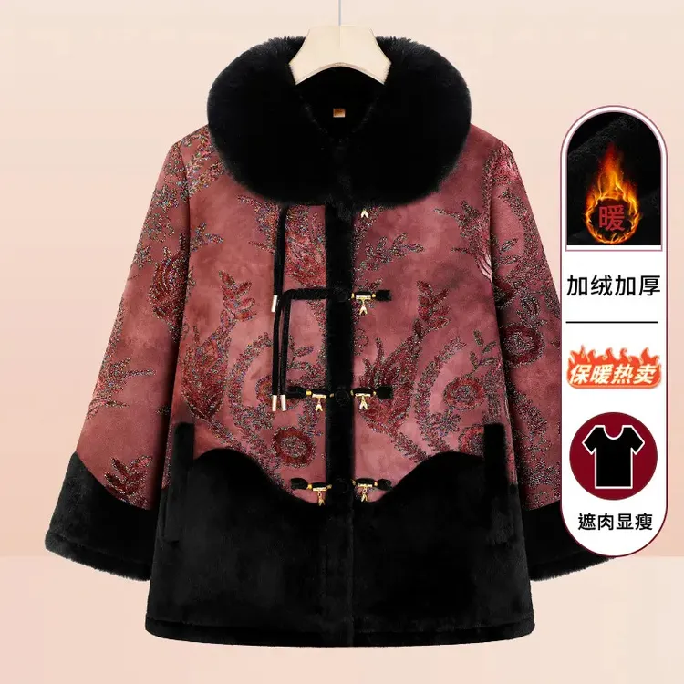 妈妈冬装加绒加厚外套奶奶国风棉衣中老年人女妈妈保暖新款棉服