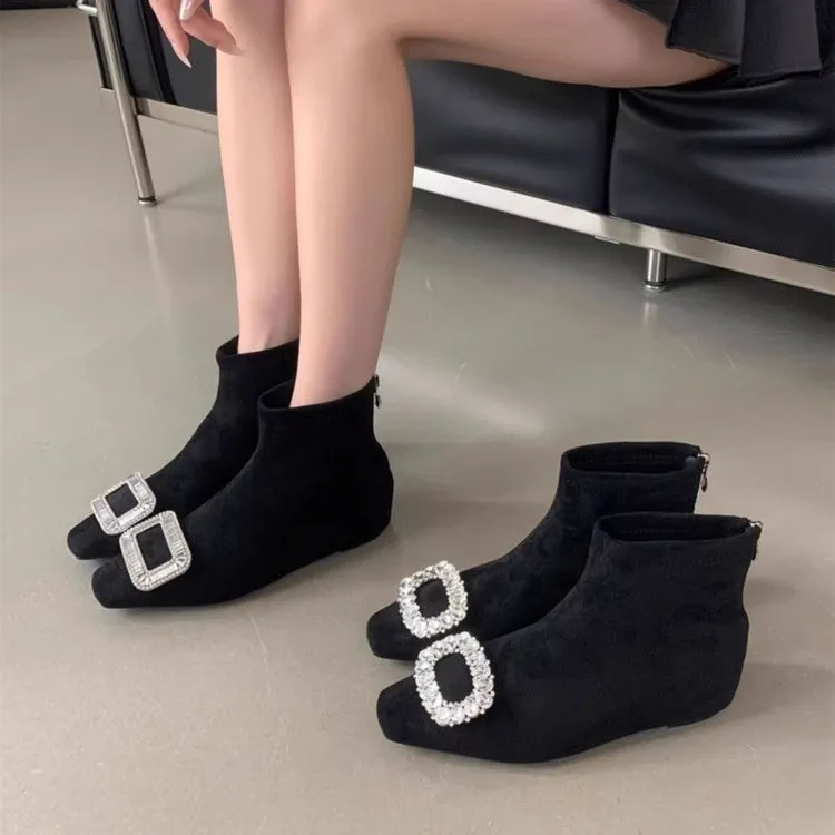 瘦瘦靴方头黑色短靴女平底2025秋冬新款水钻方扣百搭加绒弹力靴子