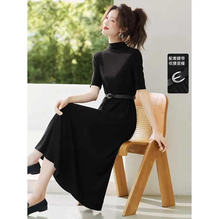 沫晗依美【高智淡人风】2025秋季新款气质通勤半高领中袖内搭连衣裙