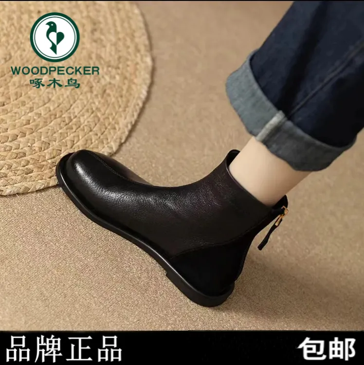 啄木鸟拼接设计圆头复古瘦瘦靴女秋冬新款英伦风柔软通勤平底短靴