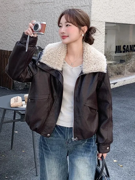 咖色翻领pu皮衣外套女冬酷飒风小个子加绒加厚短款派克服66619