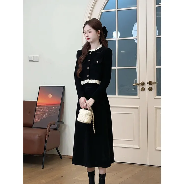 2025秋季新款富家千金高级感赫本小香风外套黑色半身裙两件套装女