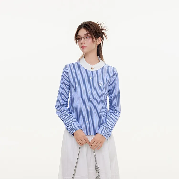 ikyou原创刺绣竖条纹衬衫女长袖春夏季新款收腰显瘦休闲百搭衬衣