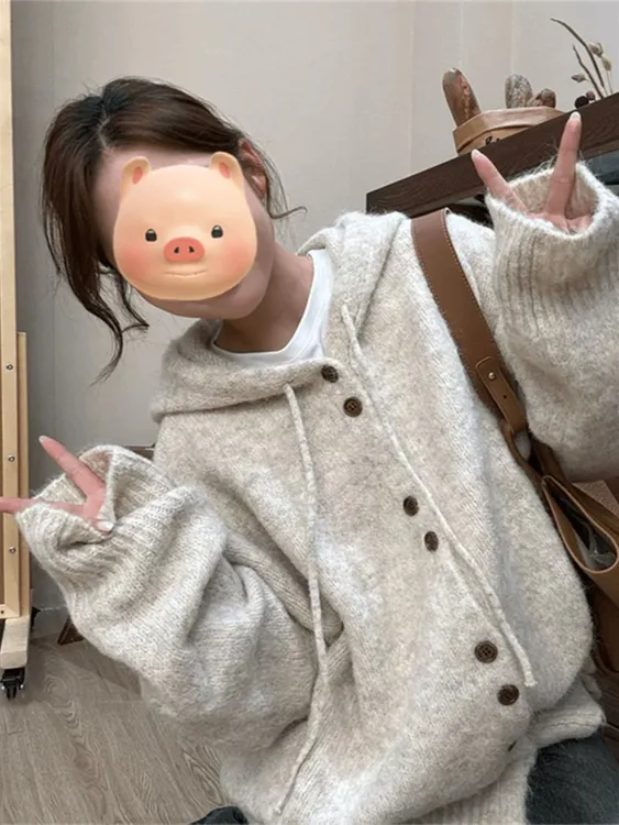 连帽毛衣开衫外套女春秋季韩系穿搭宽松慵懒风软糯针织衫外穿上衣