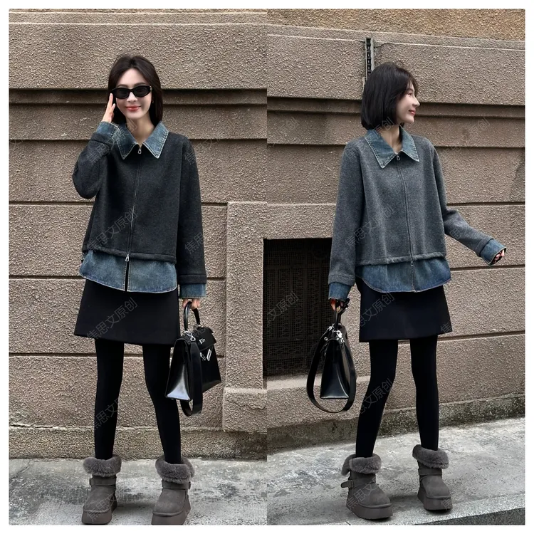焦思文 冬季时尚休闲宽松百搭拼接牛仔假两件衬衫251201Y01