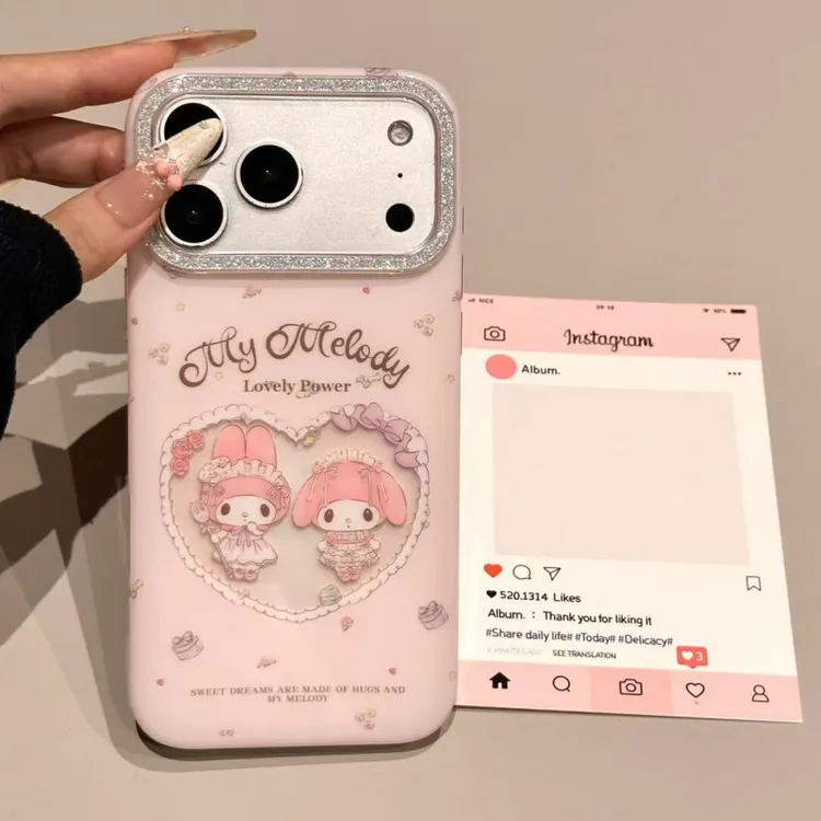 卡通可爱粉底爱心花圈美乐蒂小羊适用苹果17promax/16/15/14防摔