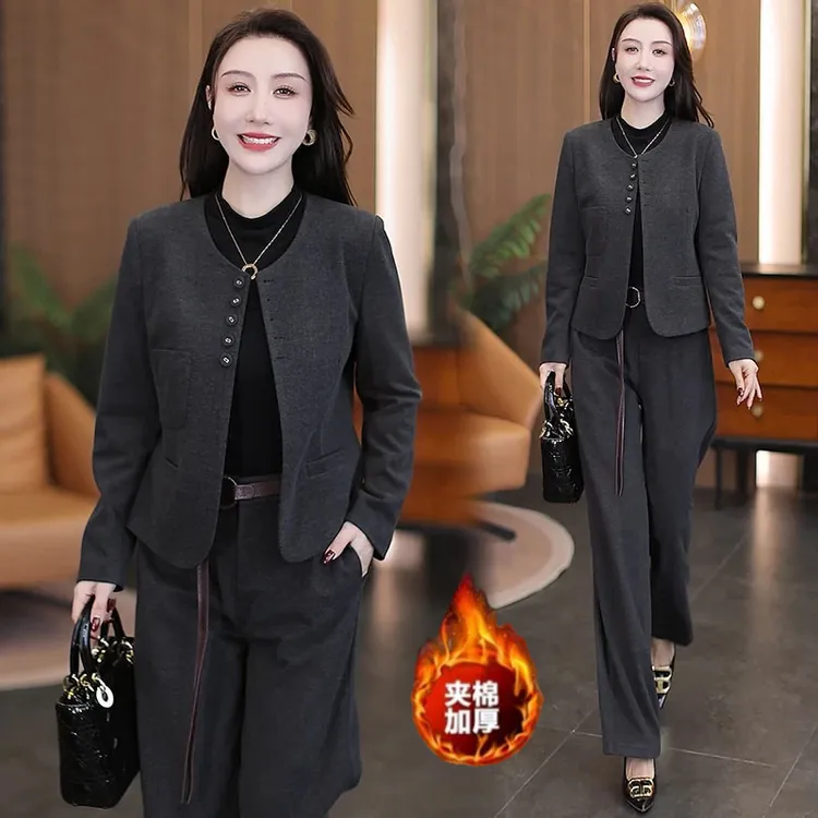时尚呢子套装女秋冬新款气质减龄保暖加厚棉上衣百搭直筒裤两件套