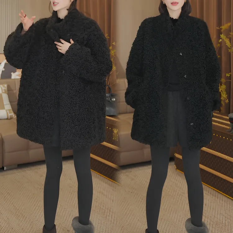 黑色韩系慵懒风毛毛立领外套女2025冬季新款高级感时尚加厚上衣潮