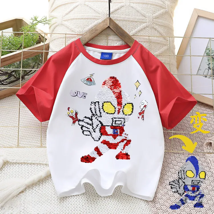 儿童夏装卡通短袖T恤男童夏季新款洋气时尚奥特曼亮片变脸上衣T恤