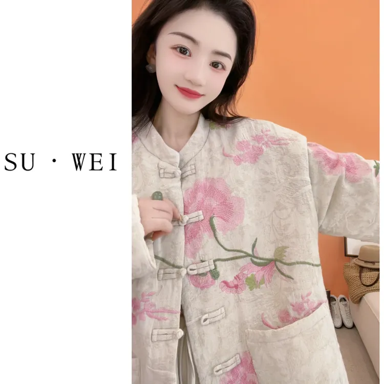 【富家千金】88102长袖女圆领亚麻棉刺绣短外套唐装提花宽松中式