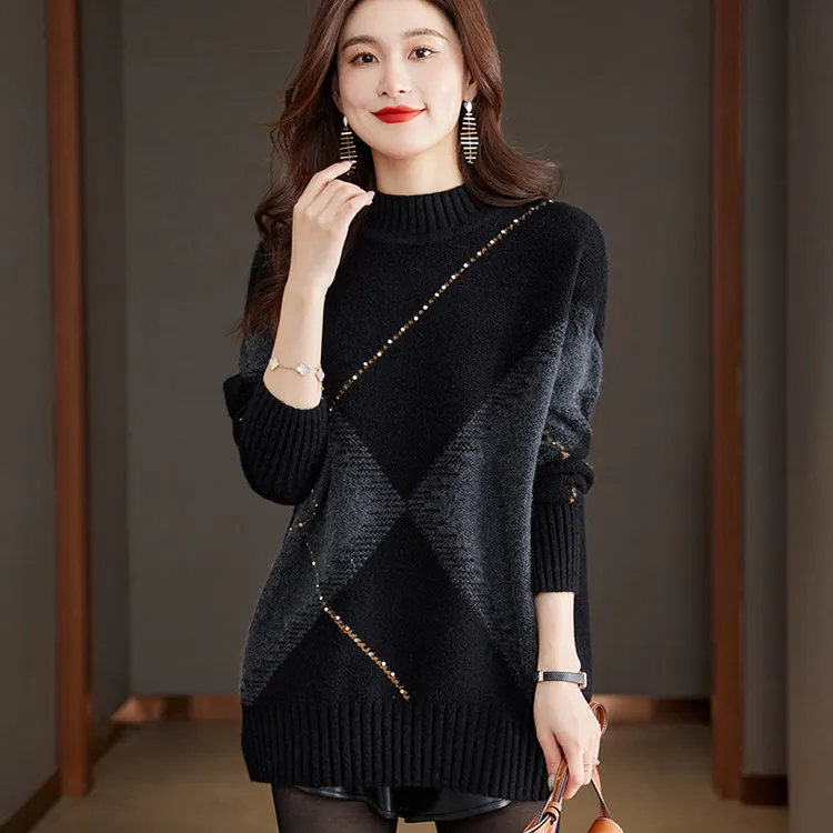 2025潮牌女装半高领毛衣冬新款中长款加厚宽松大码减龄针织打底衫