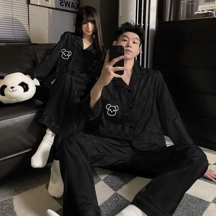 情侣睡衣春秋季冰丝长袖简约男女士款夏天空调房家居服套装可外穿