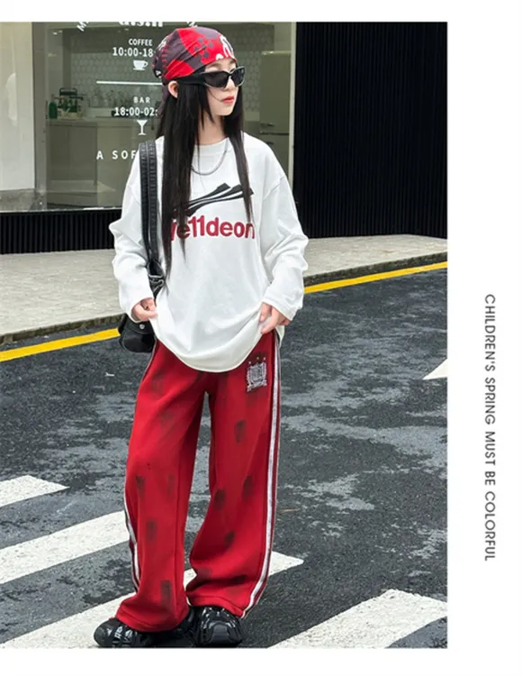 美式复古潮牌做旧涂鸦休闲裤宽松中长款裤子长袖上衣