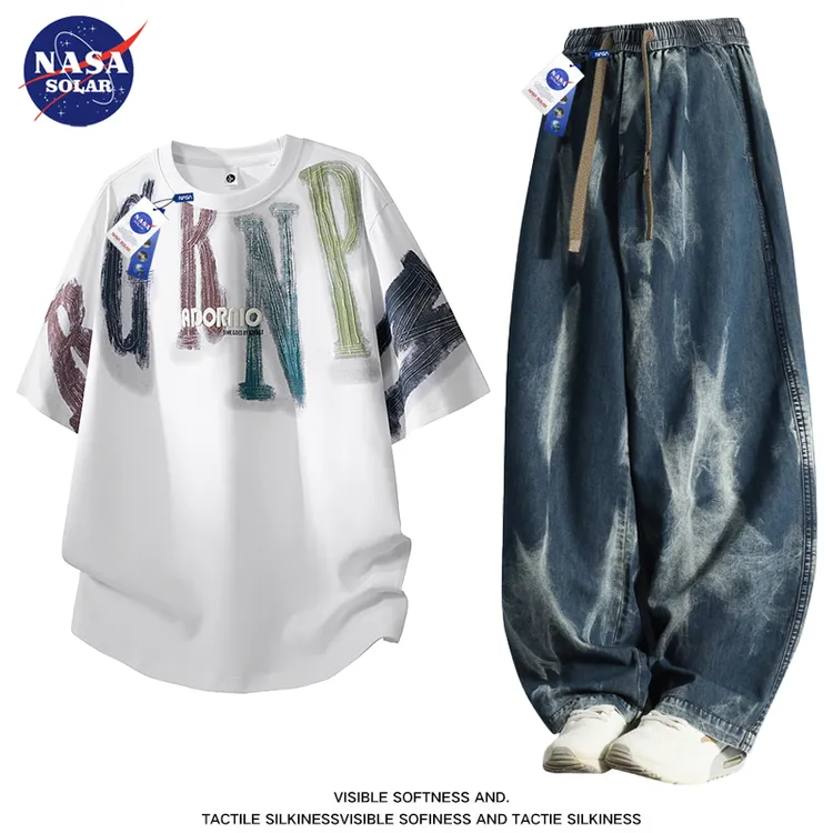 NASA SOLAR美式设计感印花字母短袖T恤套装夏季男百搭时尚两件套