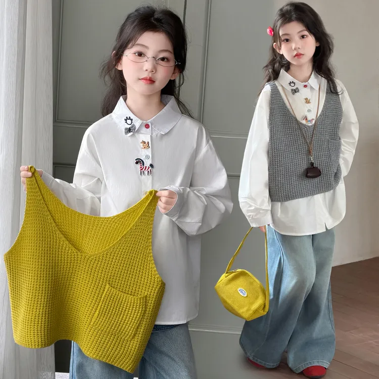 女童春季休闲套装甜美牛仔三件套2026新款针织宽松百搭上衣春秋