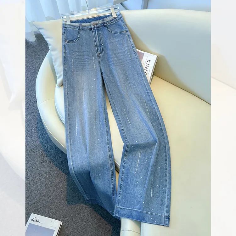 拉夏贝尔烫钻窄版阔腿牛仔裤女秋季新款高腰垂感宽松显瘦直筒裤