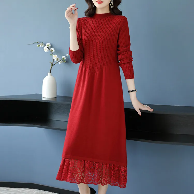 蕾丝边针织连衣裙女秋冬新款内搭宽松大码显瘦打底衫中长款毛衣裙
