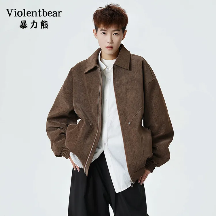 暴力熊春款翻领男拉链卡其色男飞行夹克男士宽松百搭休闲外套潮流