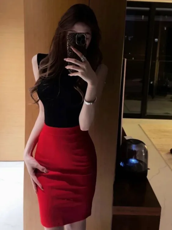 气质修身无袖上衣包臀半身裙御姐风穿搭套装夏季女装