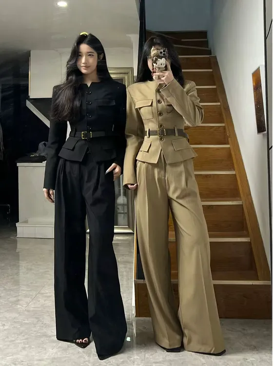 NY70615【律政俏佳人】极简大牌感通勤老钱风西服套装女阔腿裤套装