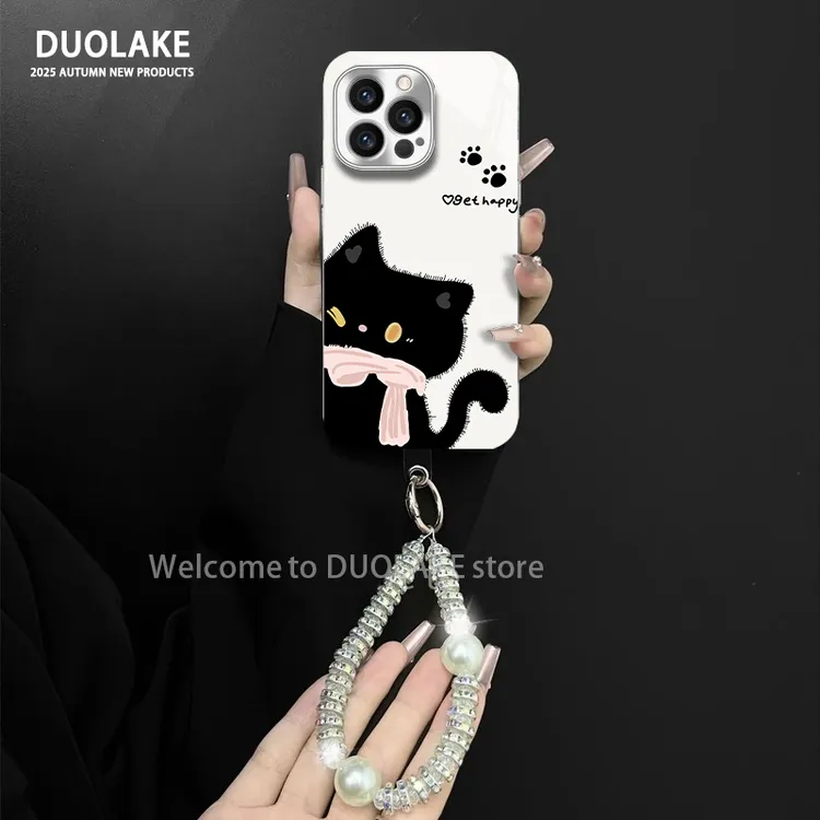 可爱黑猫适用苹果vivo华为oppo小米iPhone17电镀玻璃防摔手机壳女