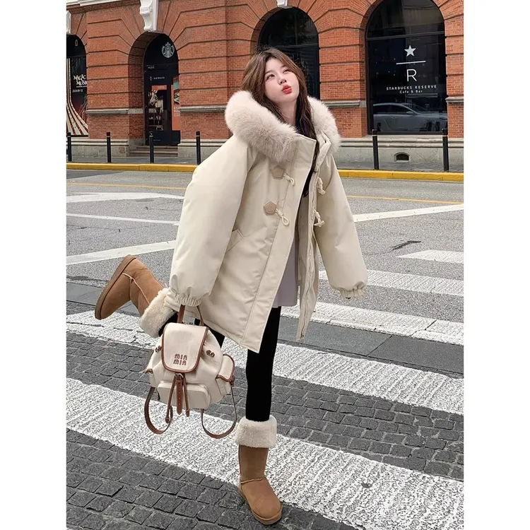 韩系大毛领牛角扣羽绒服女冬季加厚学生宽松中长款派克服羽绒外套