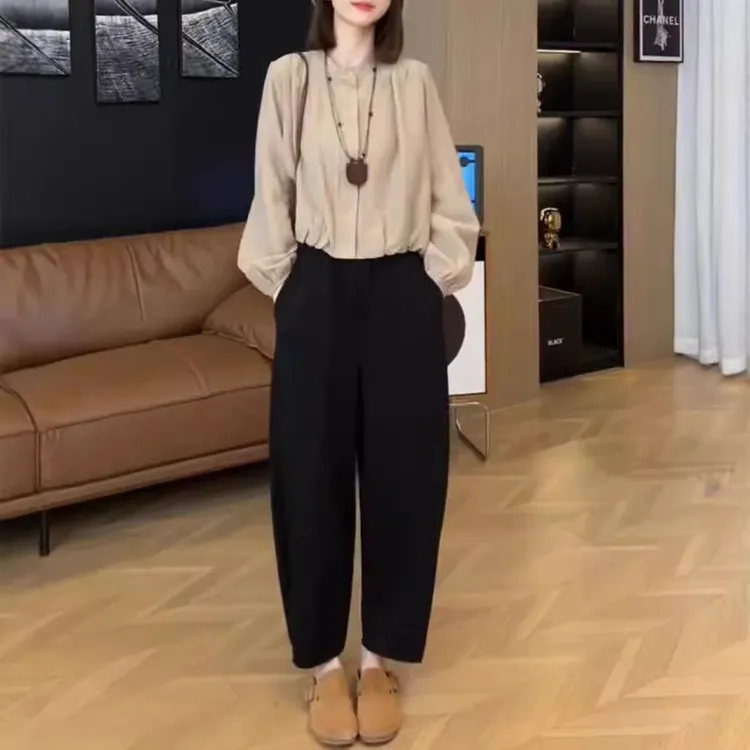 24678大爱美依缘新高级感圆领长袖纯色衬衫宽松哈伦裤女装两件