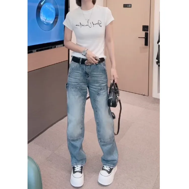 早秋新款复古高腰显瘦大码阔腿时尚百搭窄板牛仔裤