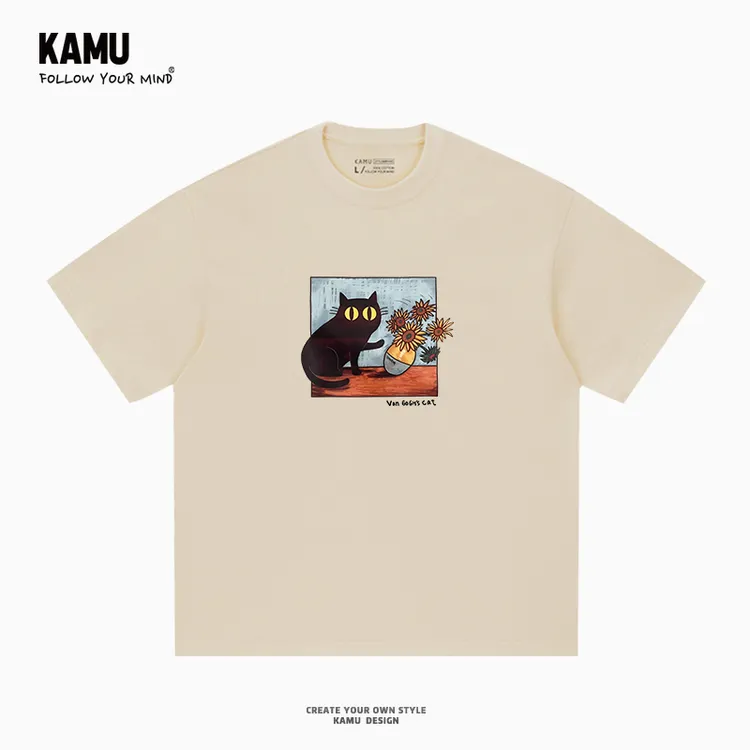 2025夏新款梵高的猫印花情侣短袖t恤男纯棉半袖夏季宽松上衣百搭