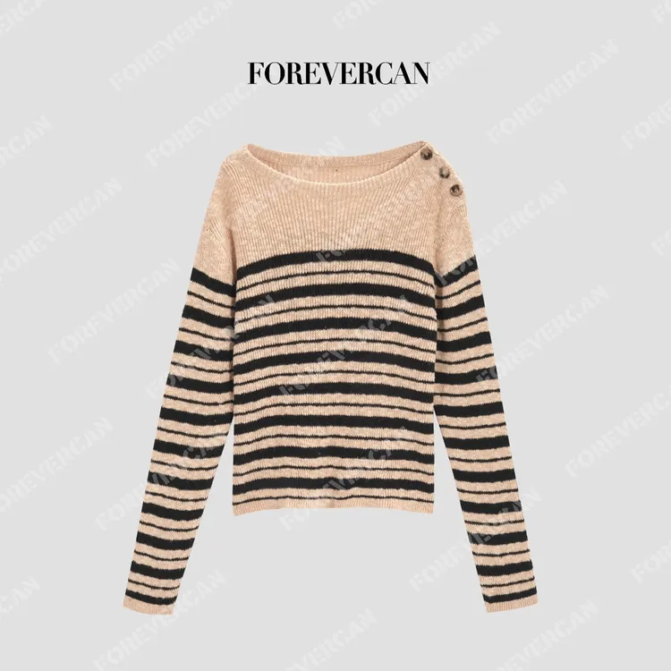 FOREVERCAN“从容织行”木质系慵懒结子纱横条纹纽扣毛衣MY4690