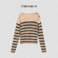FOREVERCAN“从容织行”木质系慵懒结子纱横条纹纽扣毛衣MY4690