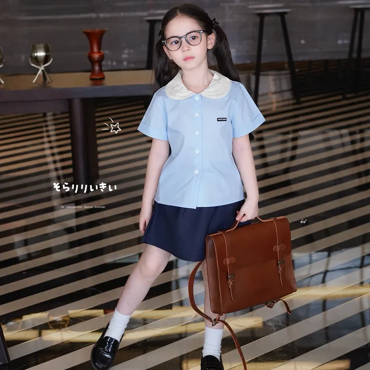 AnnieGirl日系学院风娃娃领刺绣短袖衬衫套装女童夏季甜美2026