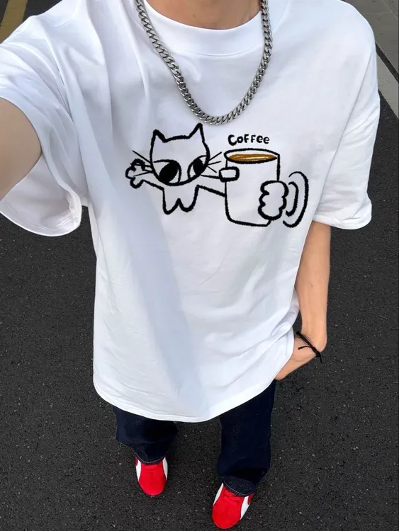 ANTI潮牌重磅纯棉“咖啡猫”印花情侣装休闲宽松短袖T恤男女同款