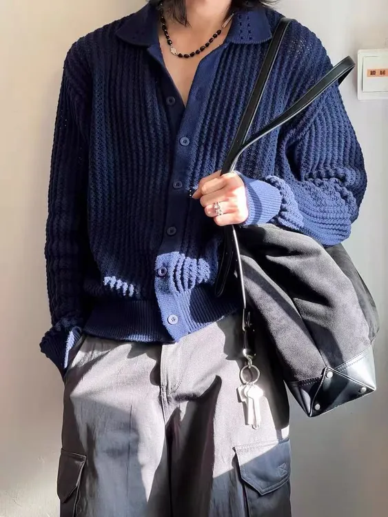 CHAOM针织钮扣开衫复古cleanfit慵懒风短宽翻领毛衣外套MY0198 