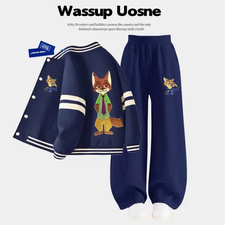 WASSUP联名疯狂动物城狐狸先生男女童可爱秋冬百搭棒球服外套卫裤