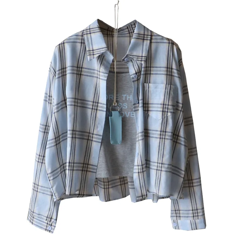 [比正]2025夏季新品韩版格子休闲长袖衬衫+字母背心两件套女