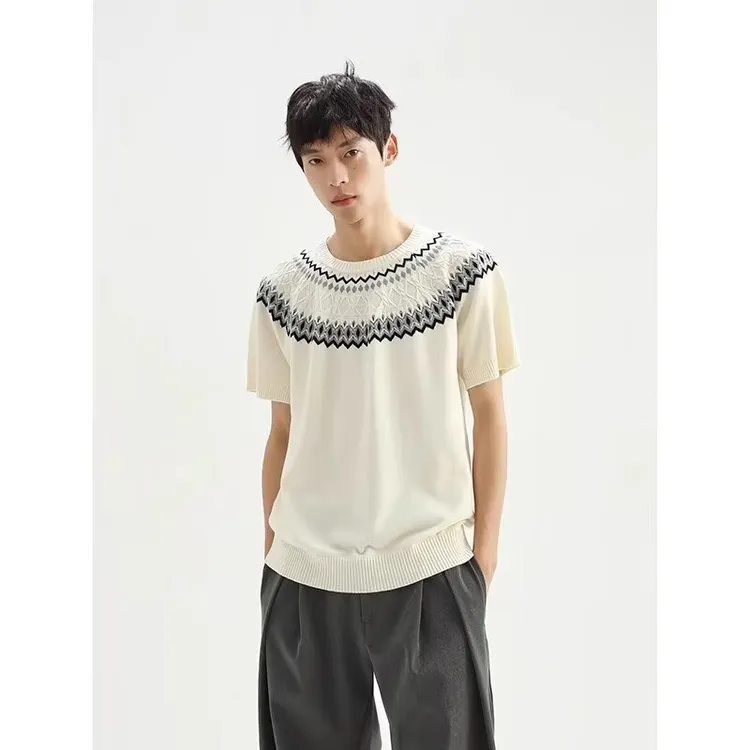 费尔岛提花针织短袖男款夏季透气凉感五分袖美式复古正肩t恤