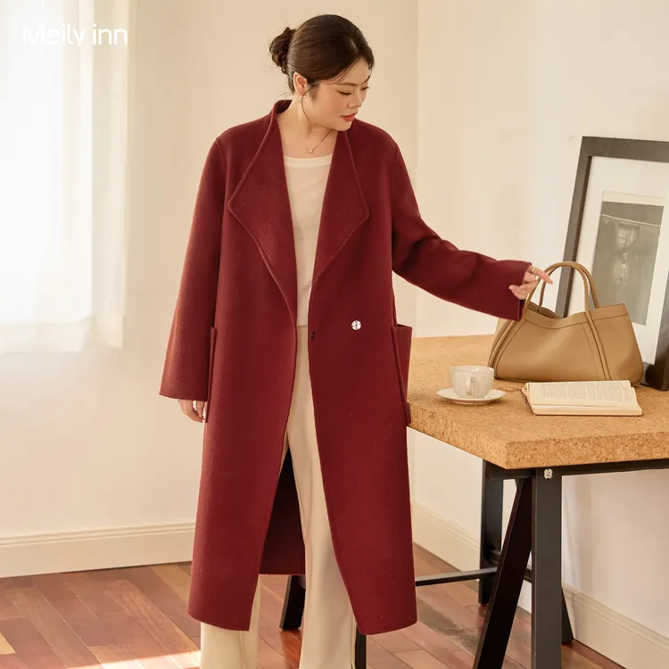 美丽客栈高端原创酒红色羊毛羊绒双面呢大衣2025新款大码女装外套