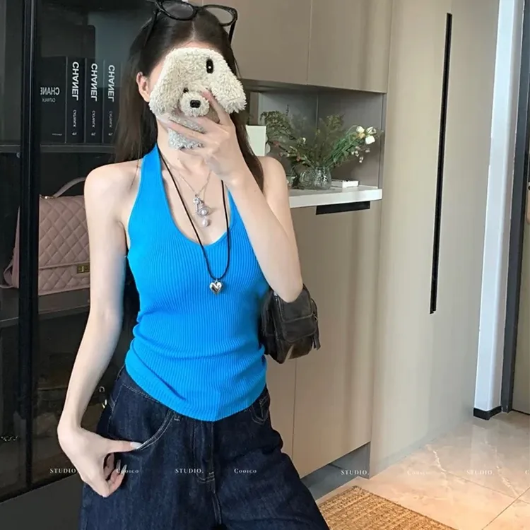美式网红洋气衣服炸街女装针织挂脖背心吊带夏季修身显瘦独特上衣