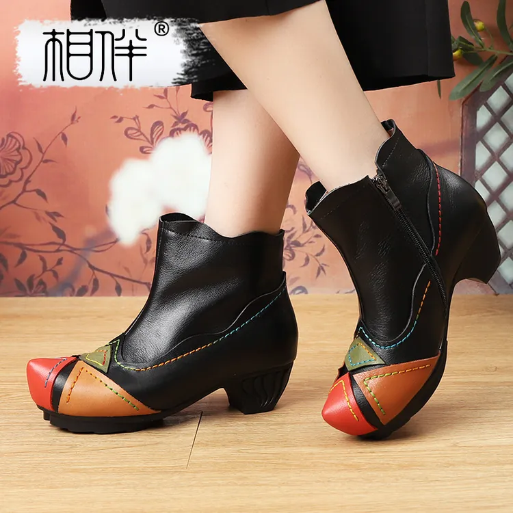 相伴真皮百搭秋冬踝靴国风中老年拼色粗跟百搭短靴53301