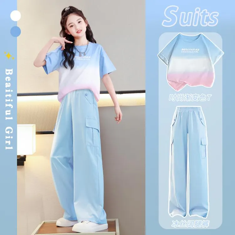 FAVMARTHA女童套装夏装2025新款洋气儿童短袖工装裤大童夏季时髦
