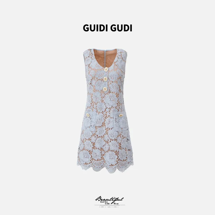 GUIDI GUDI【初蝉】国风重工刺绣优雅连衣裙 /黄加蓝 L9521051H