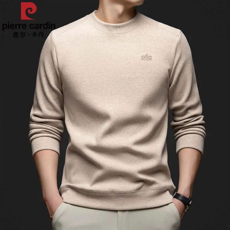 皮尔卡丹秋冬新款加绒卫衣男士圆领休闲保暖卫衣双面绒潮流打底衫