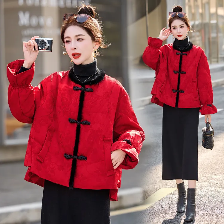 新中式国风毛绒拼接羽绒服女2025冬季新款复古盘扣白鸭绒短款外套
